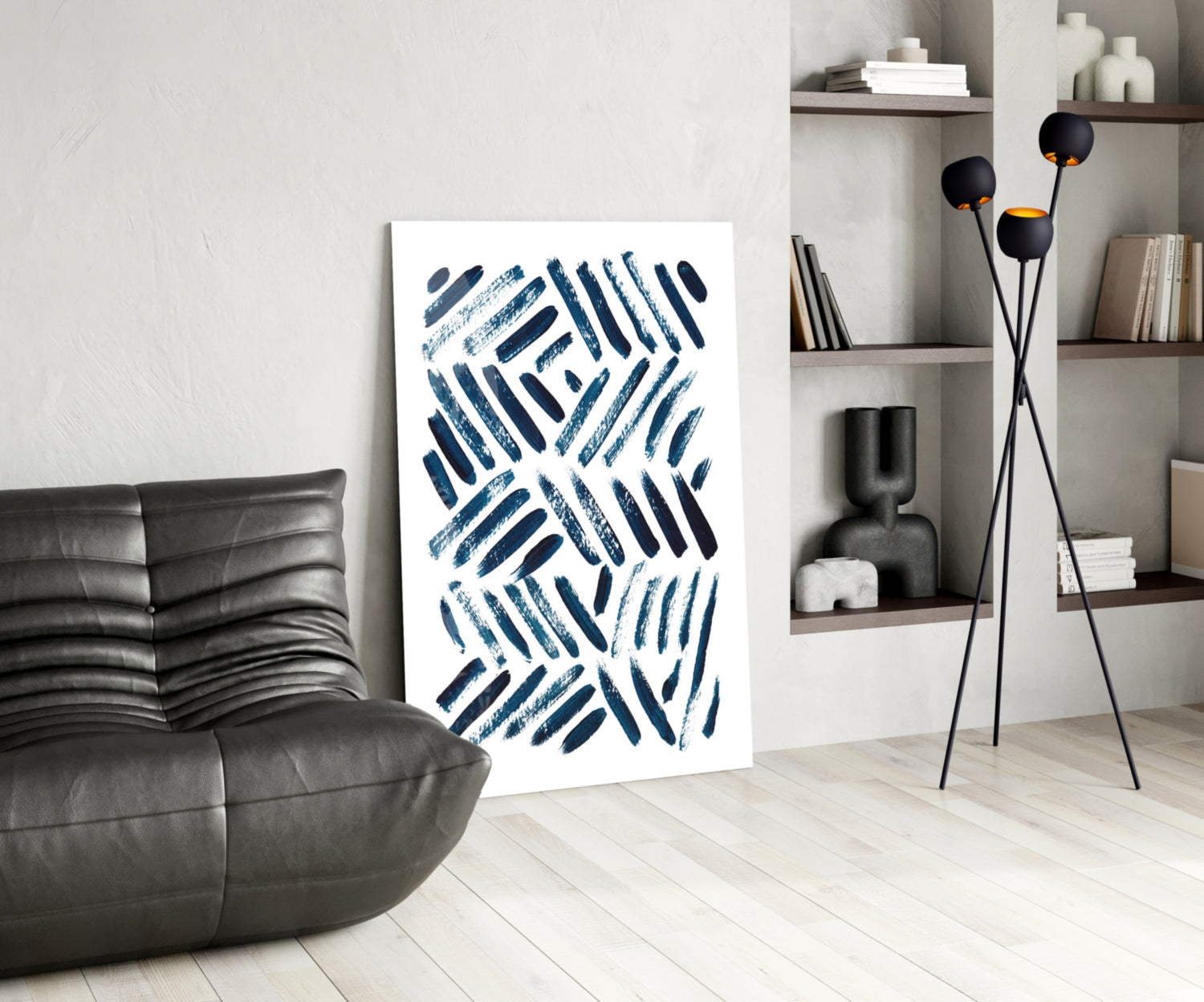 Navy Chevron Brush Dashes Glass Wall Art