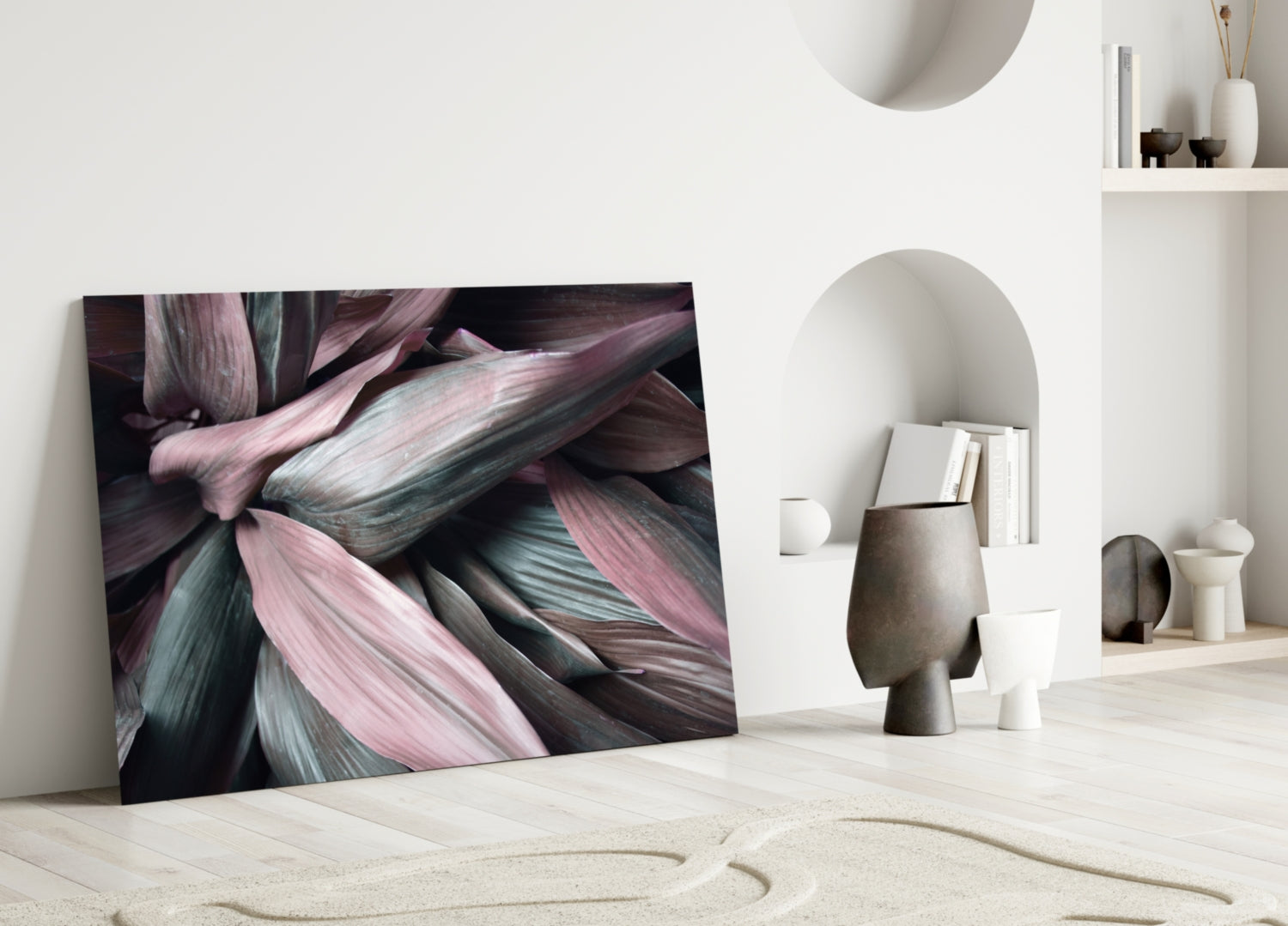 Pink Green Macro Leaves Glass Wall Art