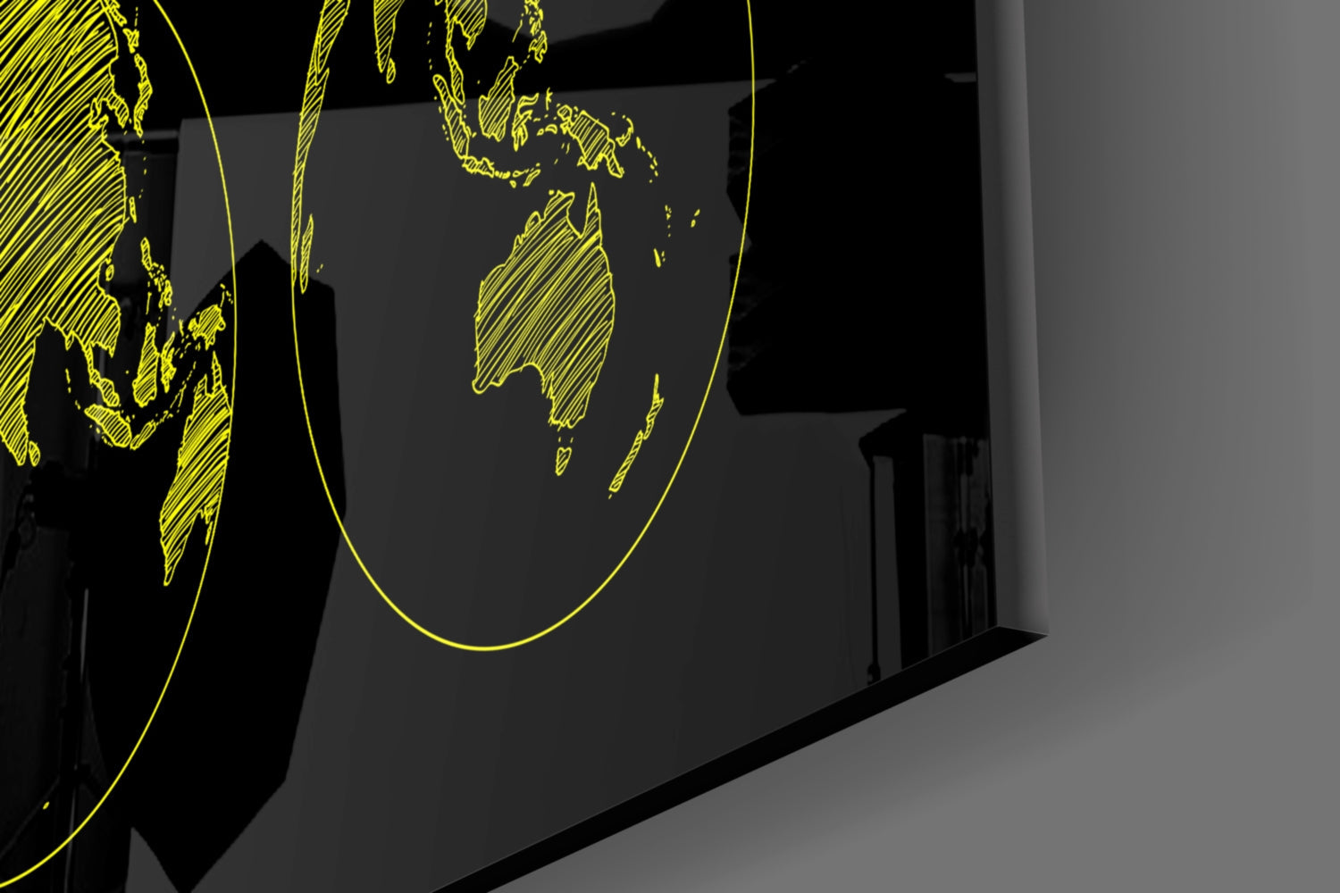Yellow Sketch World Map and Globes Glass Wall Art