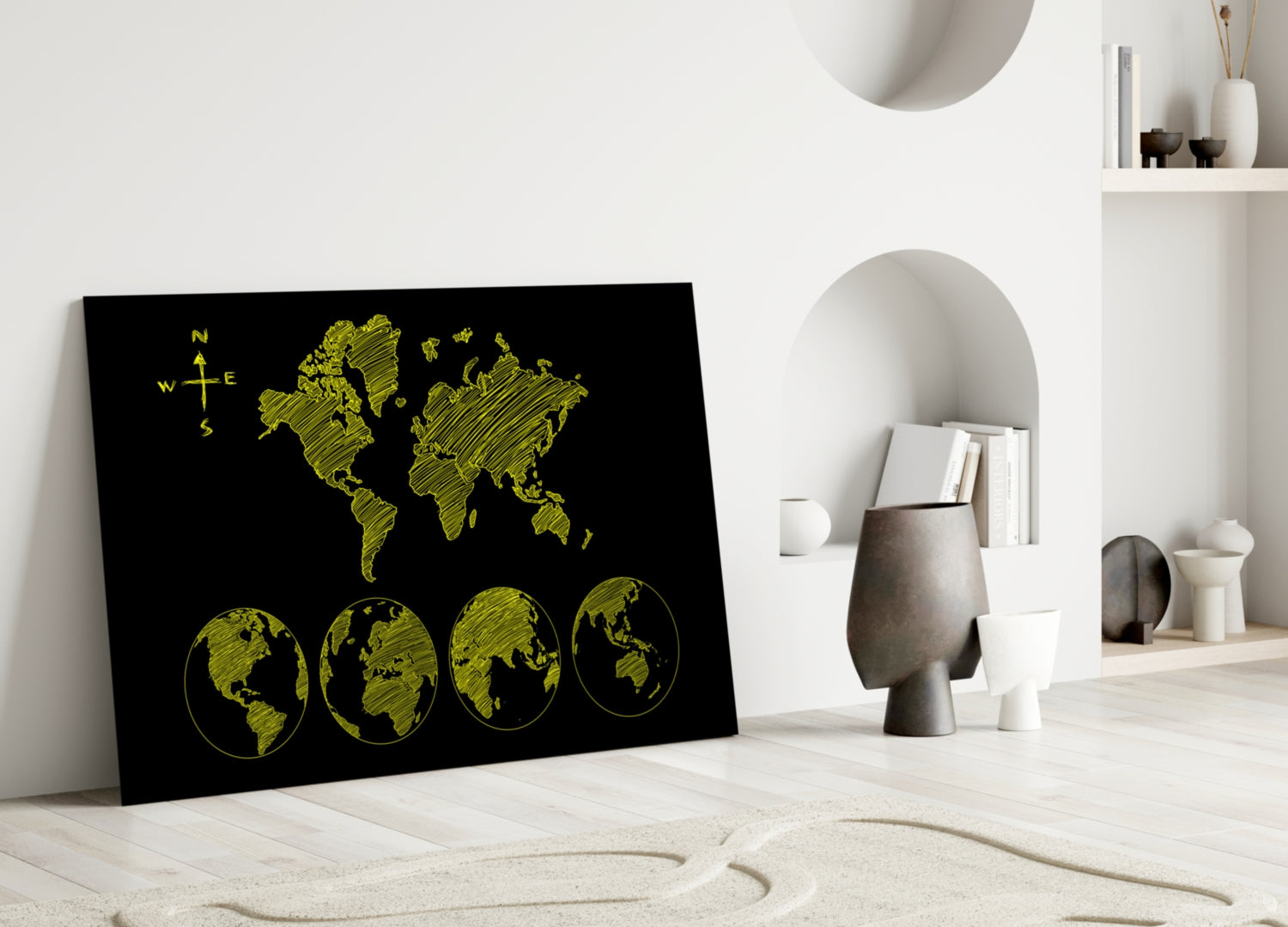 Yellow Sketch World Map and Globes Glass Wall Art