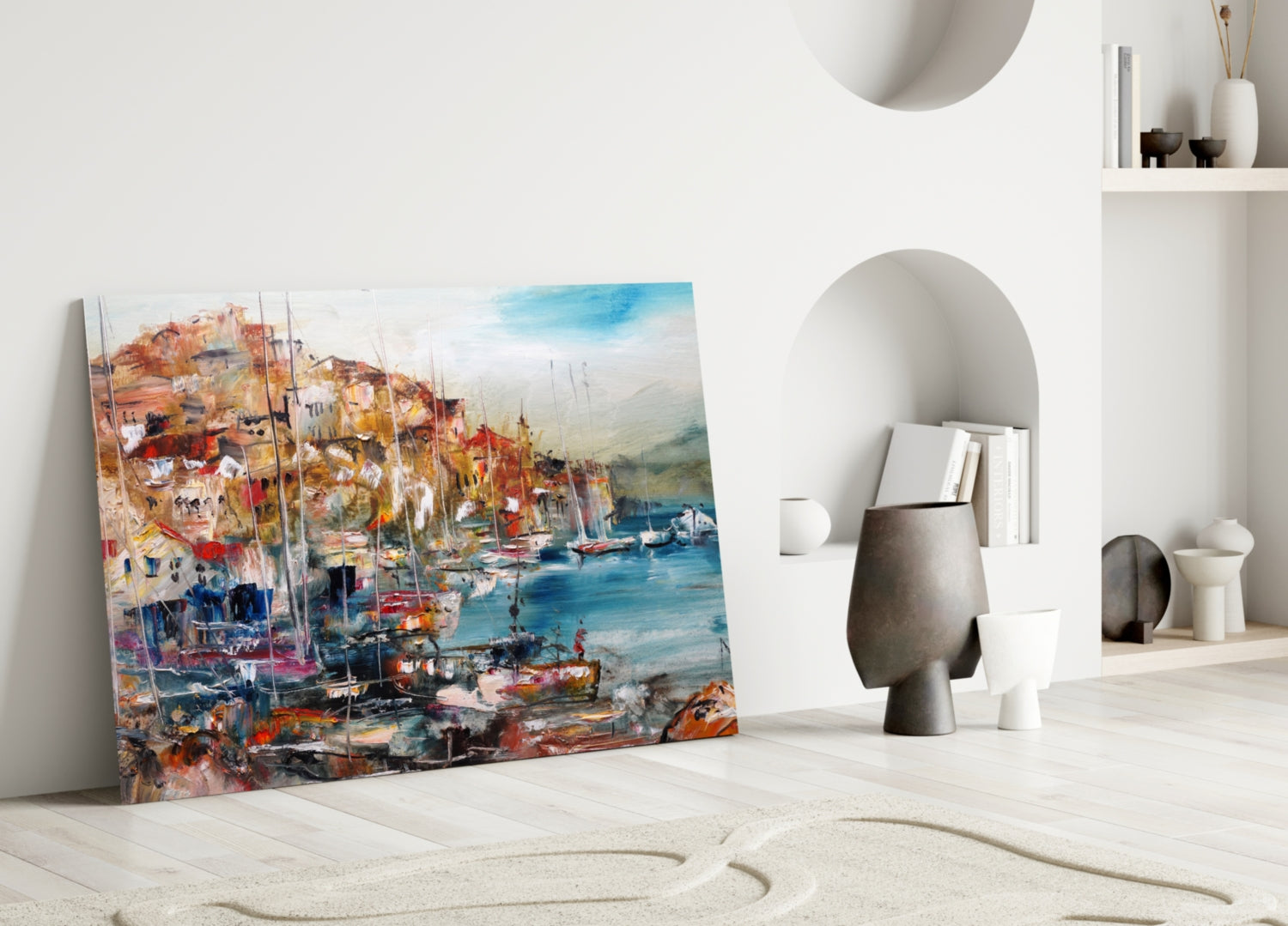 Colorful Harbor Town With Sailboats Glass Wall Art