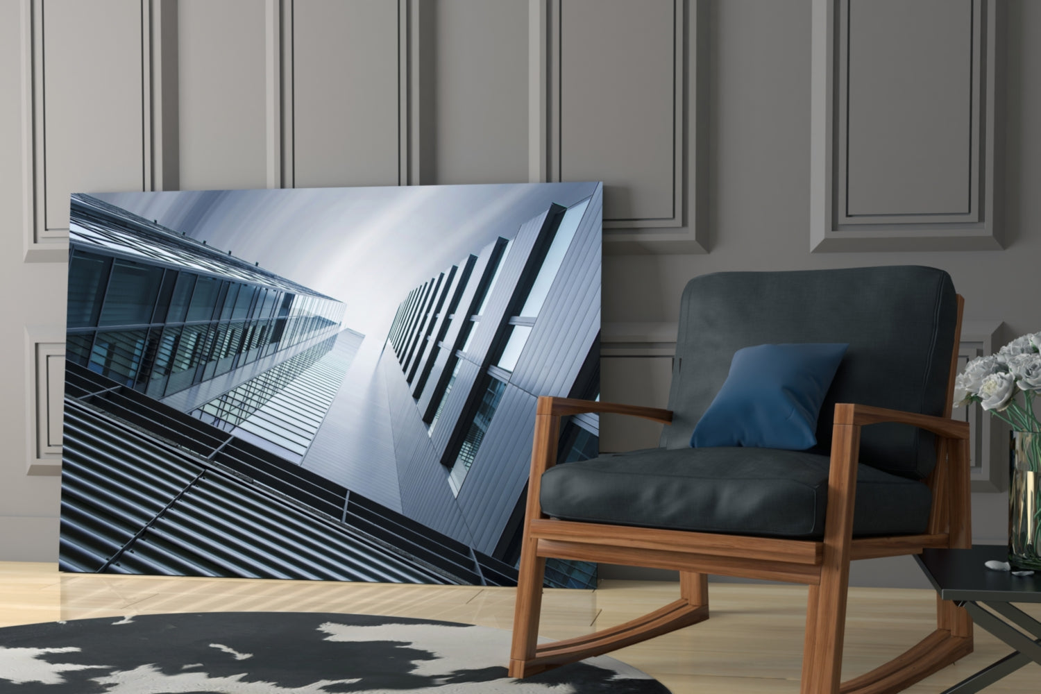 Blue Gray Skyscrapers Seen From Below Glass Wall Art