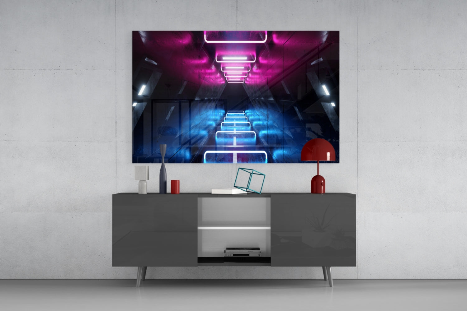 Pink Blue Neon Frame Tunnel Glass Wall Art