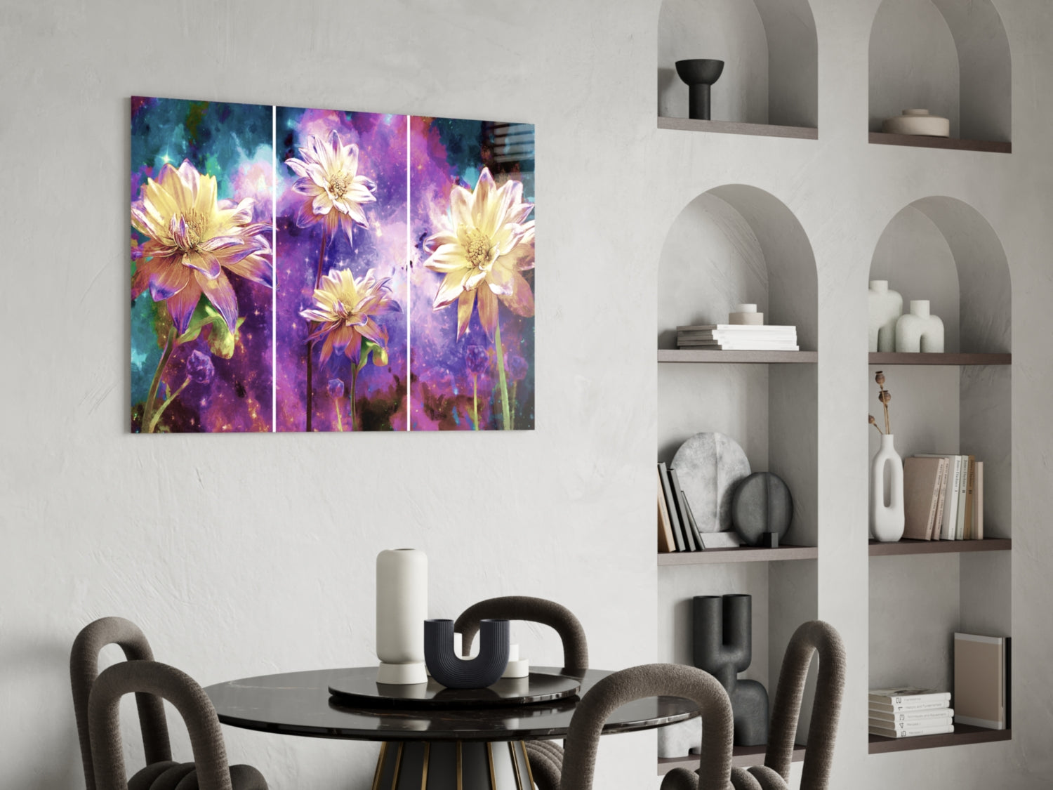Golden Dahlias Purple Cosmos Glass Wall Art