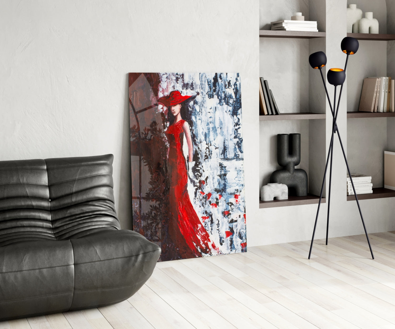 Scarlet Gown Lady Palette Knife Glass Wall Art