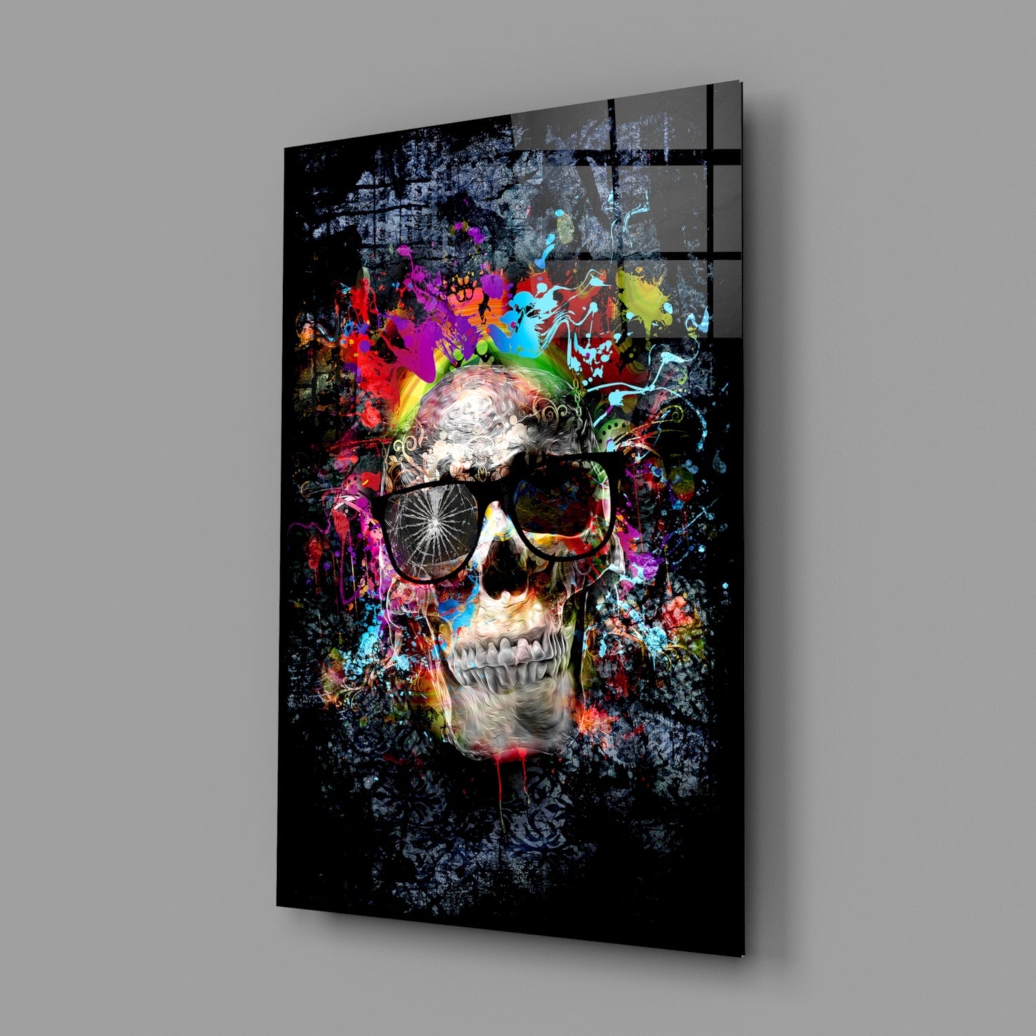 Paint Splash Sunglasses Skull Glass Wall Art