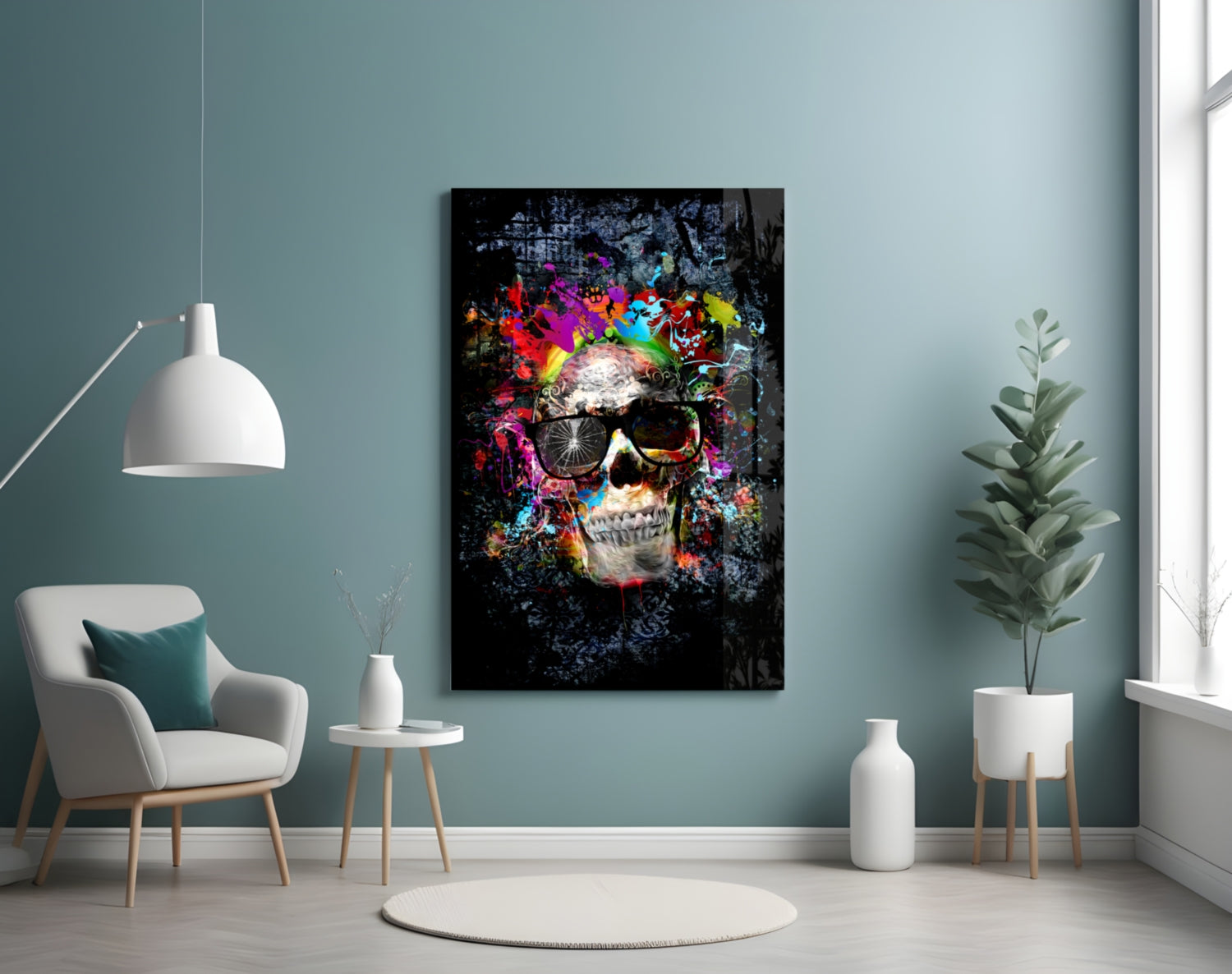 Paint Splash Sunglasses Skull Glass Wall Art