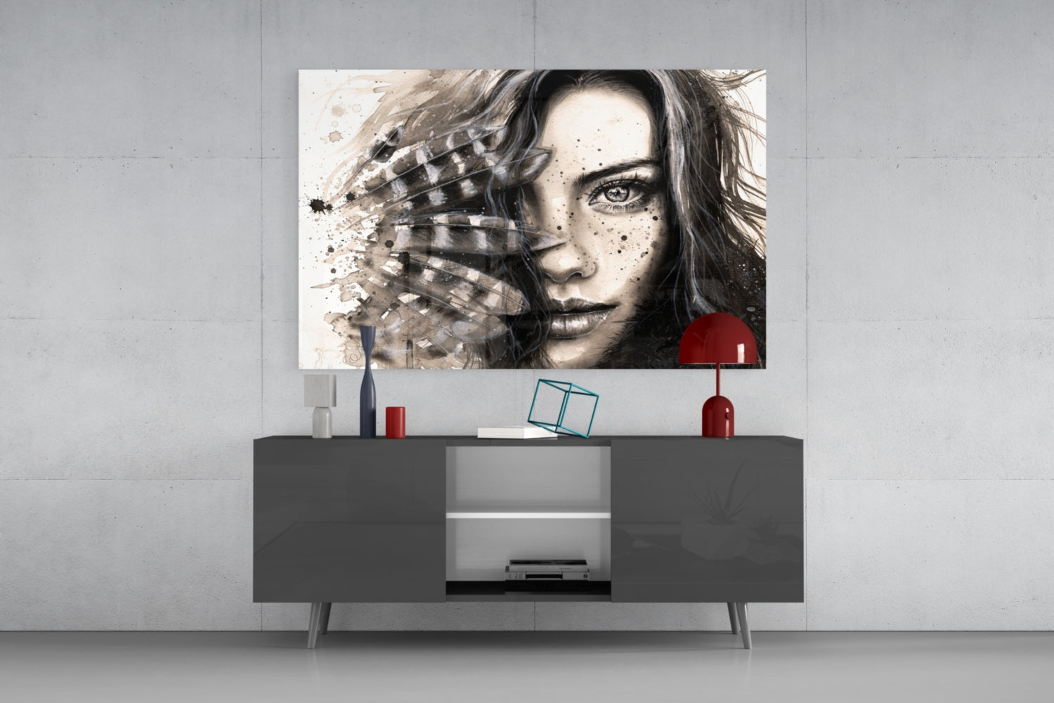 Feather Ink Sketch Woman Glass Wall Art