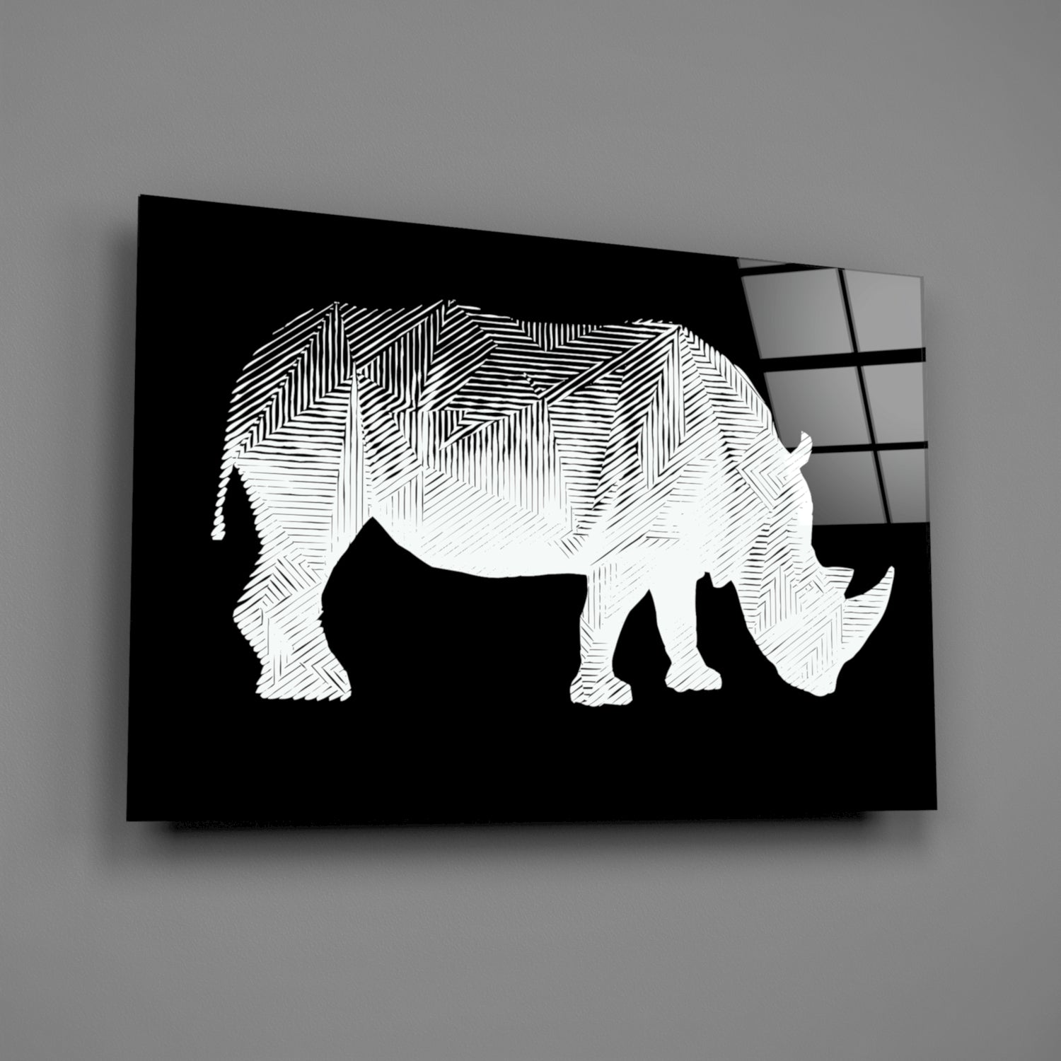 White Line Rhino on Black Glass Wall Art
