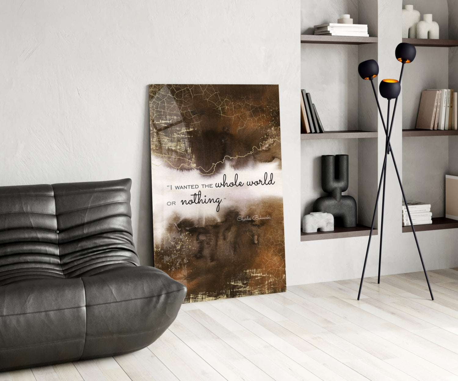 Bronze Cracked Ink Whole World Quote Glass Wall Art