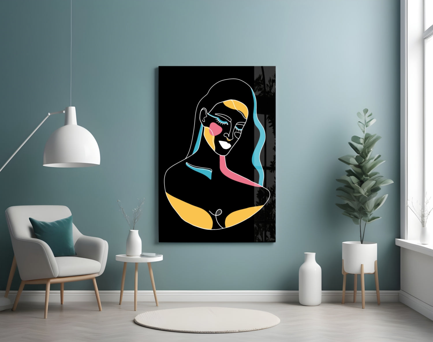 Blue Wavy Hair Line Art Glass Wall Art