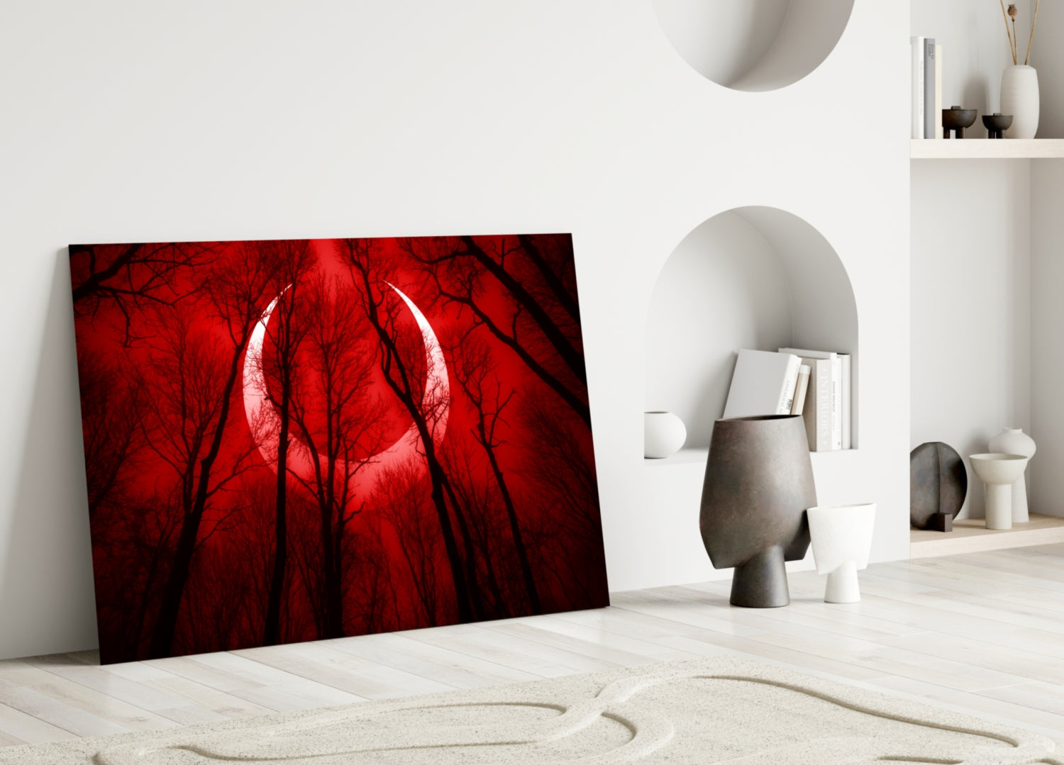 Crescent Moon Red Forest Sky Glass Wall Art