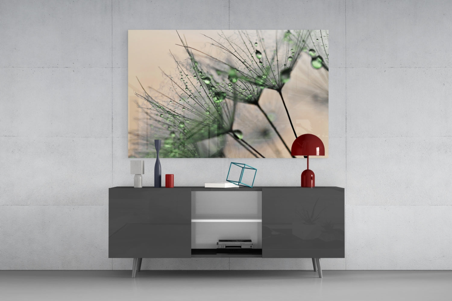 Green Dew Drops Dandelion Wisp Glass Wall Art