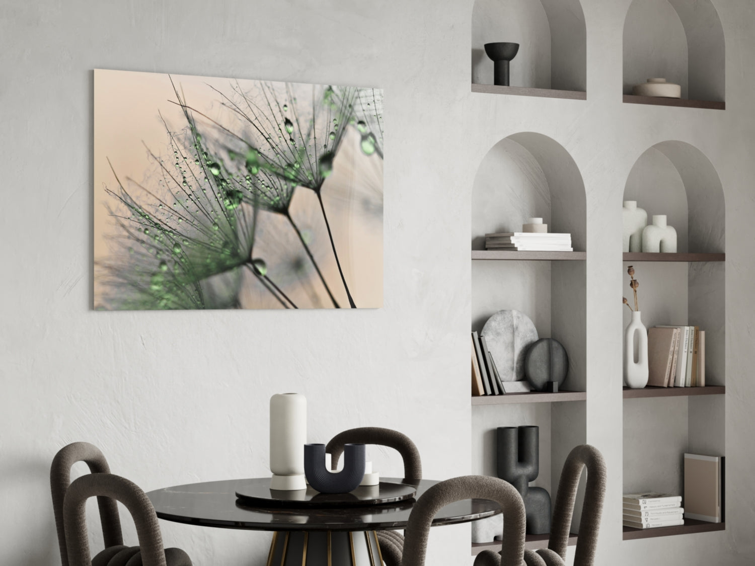 Green Dew Drops Dandelion Wisp Glass Wall Art