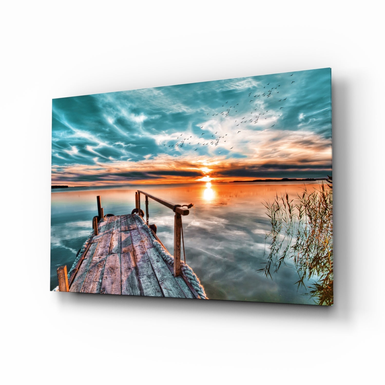 Teal Sky Jetty Sunset Glass Wall Art