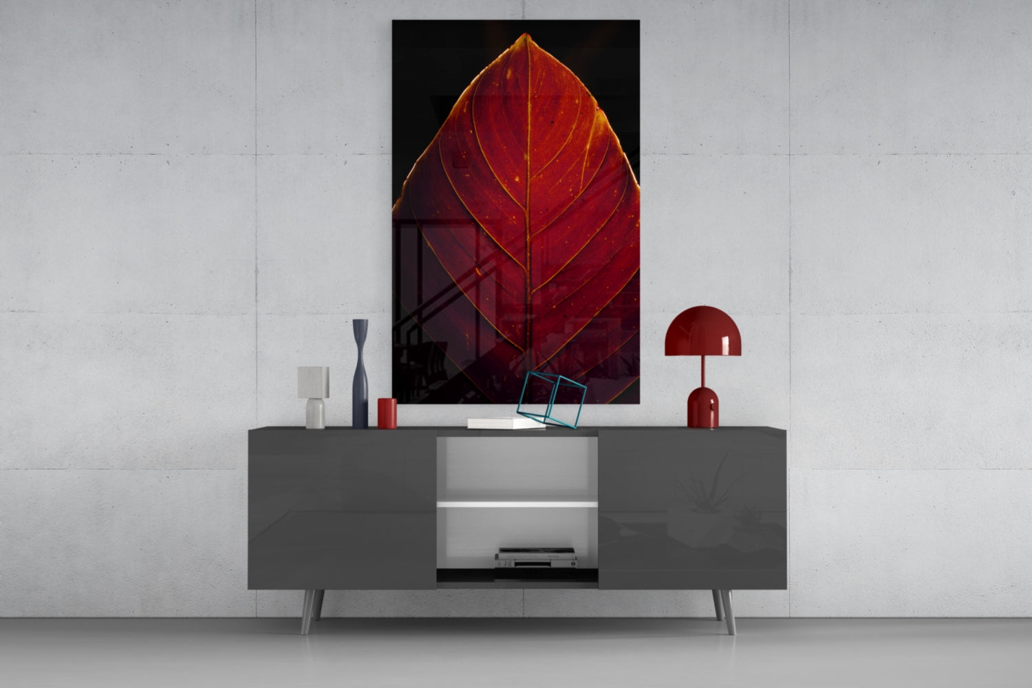 Deep Red Leaf Veins On Black Glass Wall Art