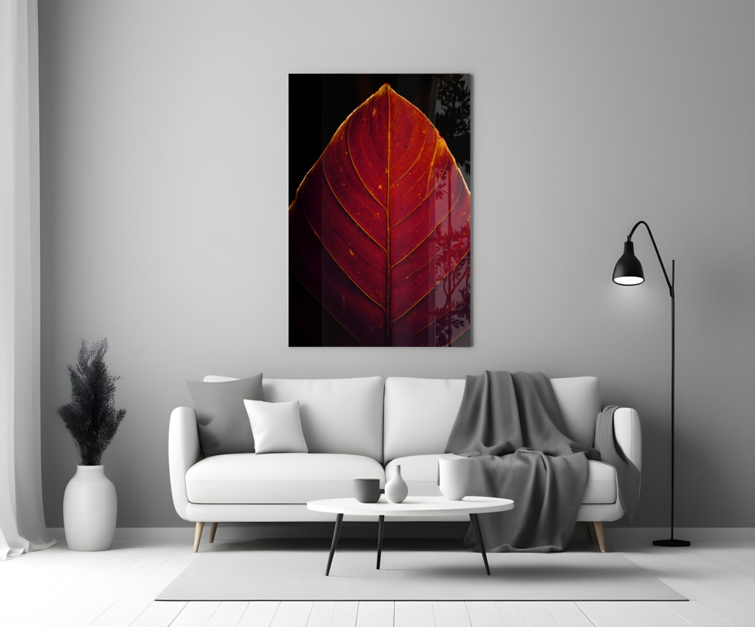 Deep Red Leaf Veins On Black Glass Wall Art