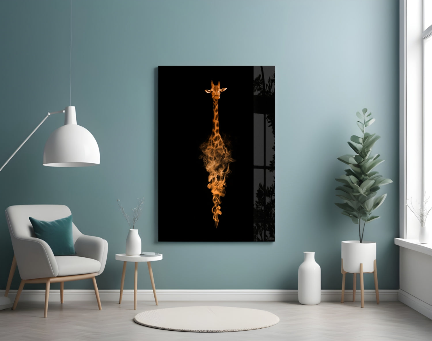 Orange Smoke Giraffe Black Glass Wall Art