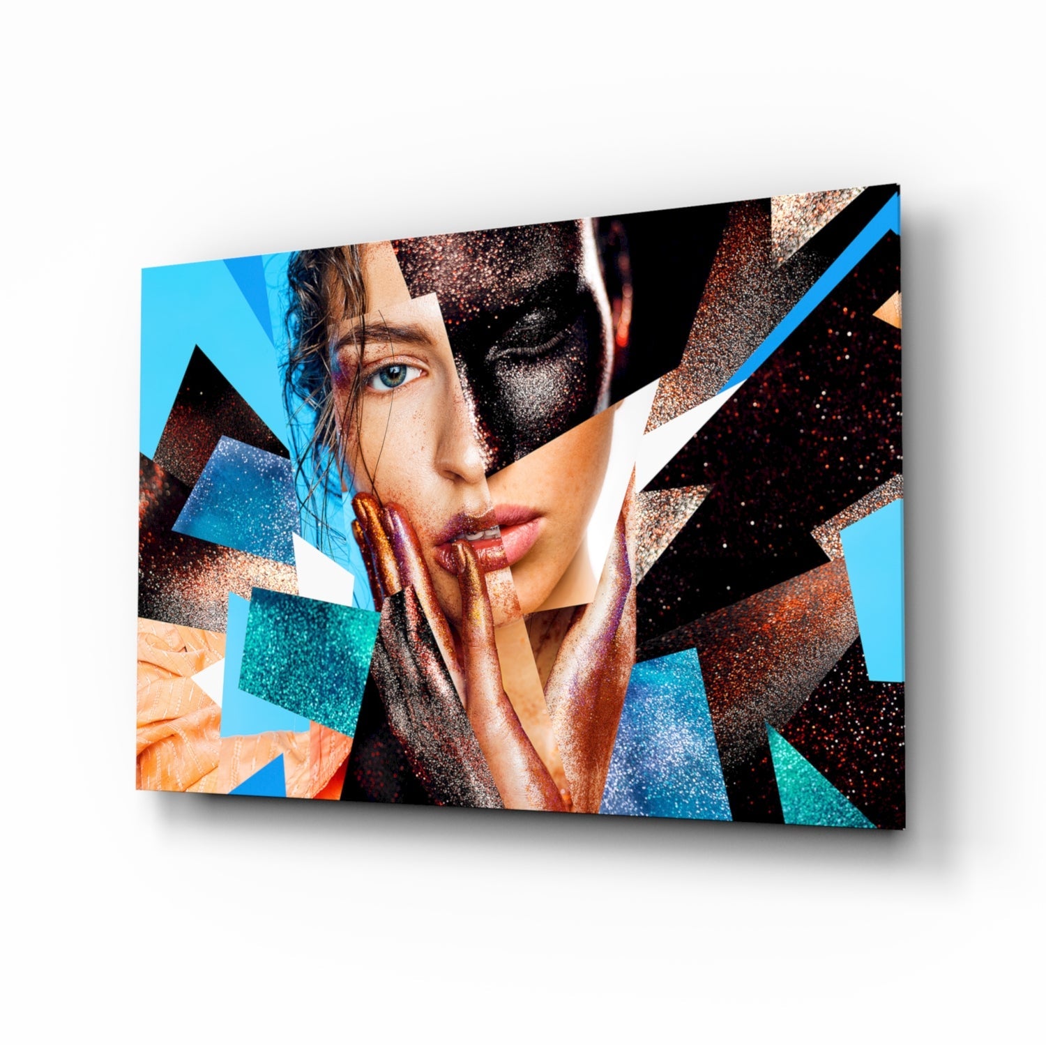 Turquoise and Copper Shards Woman Portrait Glass Wall Art
