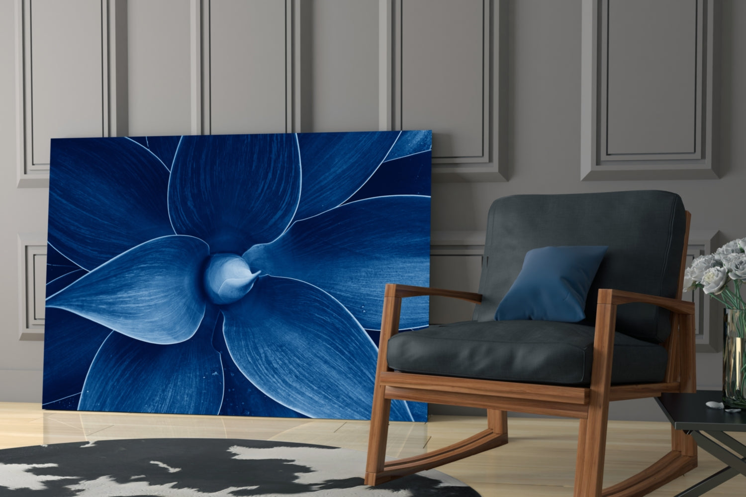 Indigo Blue Agave Petals Macro Glass Wall Art