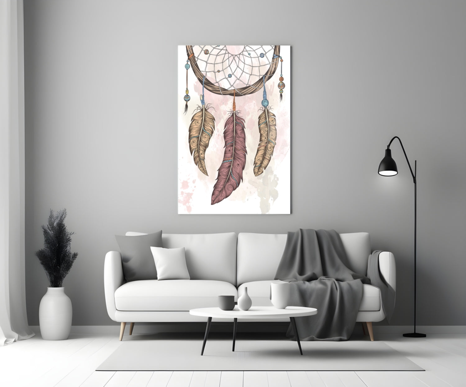 Three Feather Boho Dreamcatcher Glass Wall Art