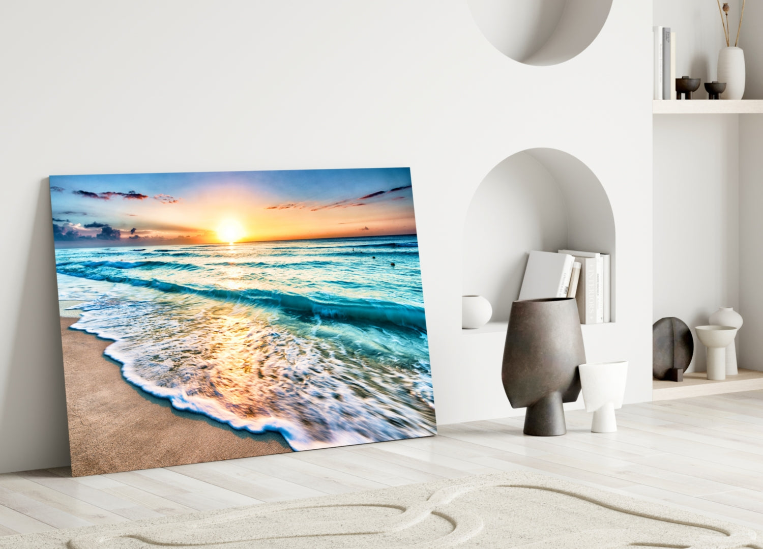 Turquoise Beach Waves Sunset Glass Wall Art