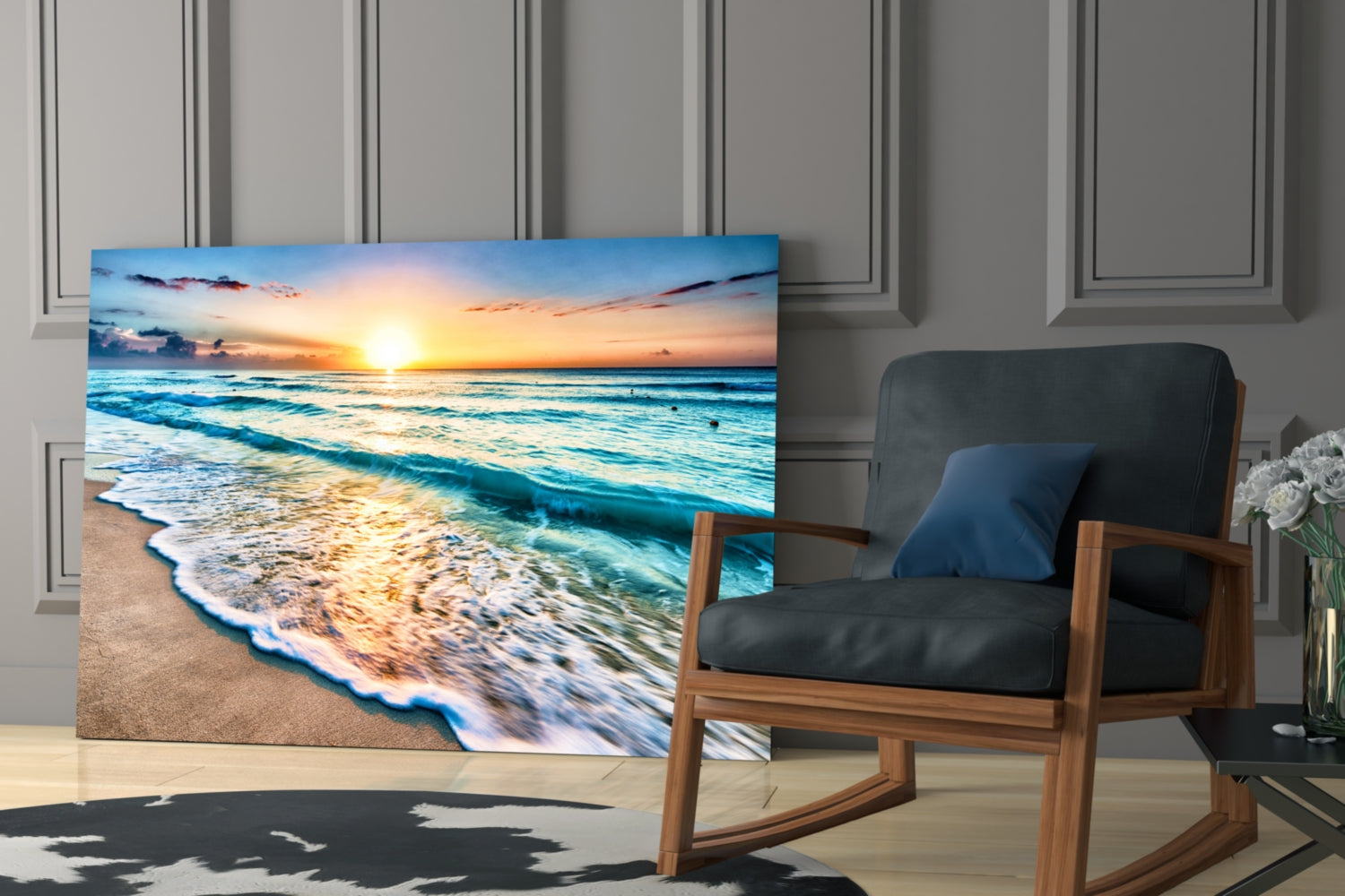 Turquoise Beach Waves Sunset Glass Wall Art