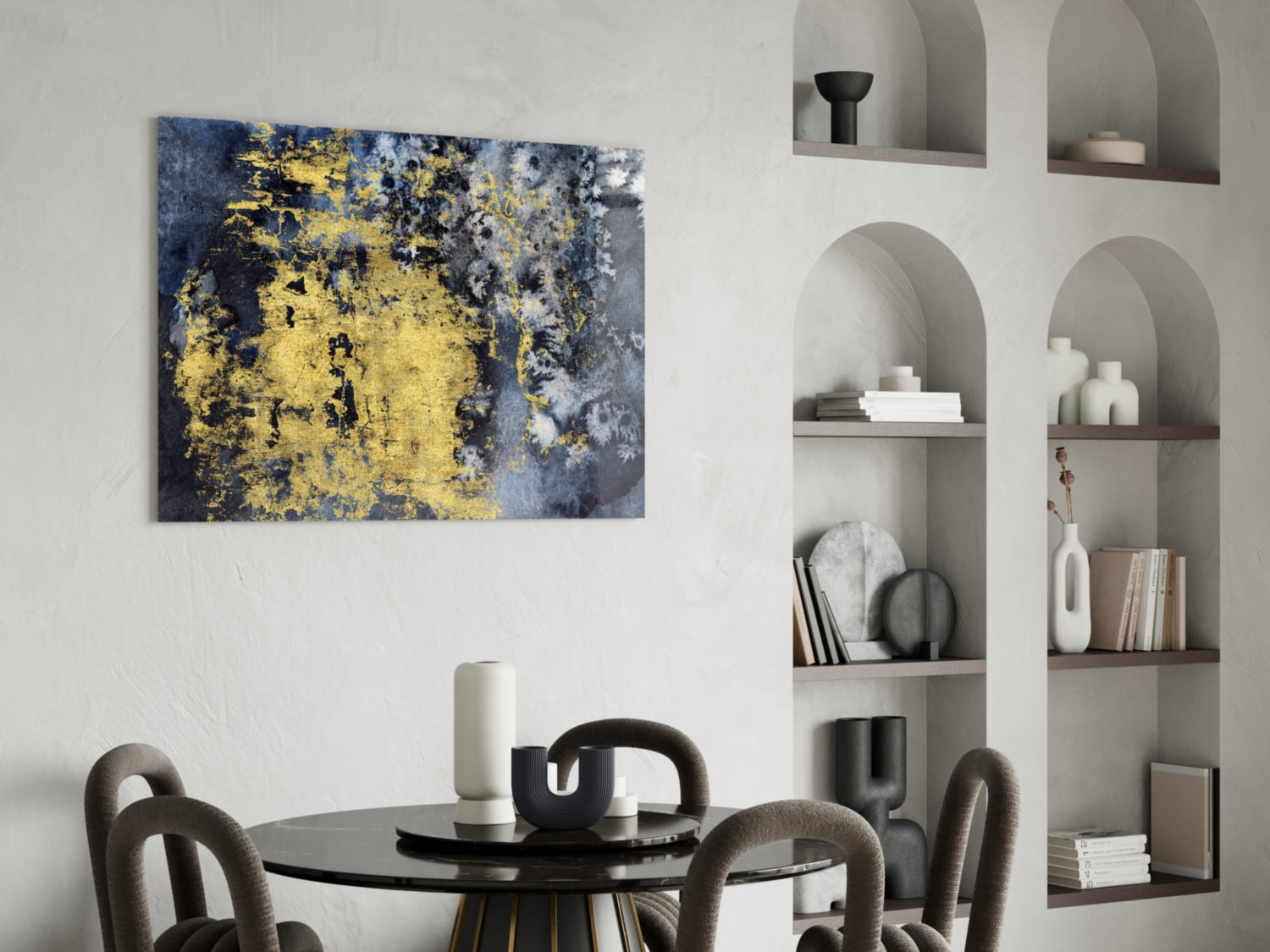 Gold Leaf On Navy Ink Texture Glass Wall Art