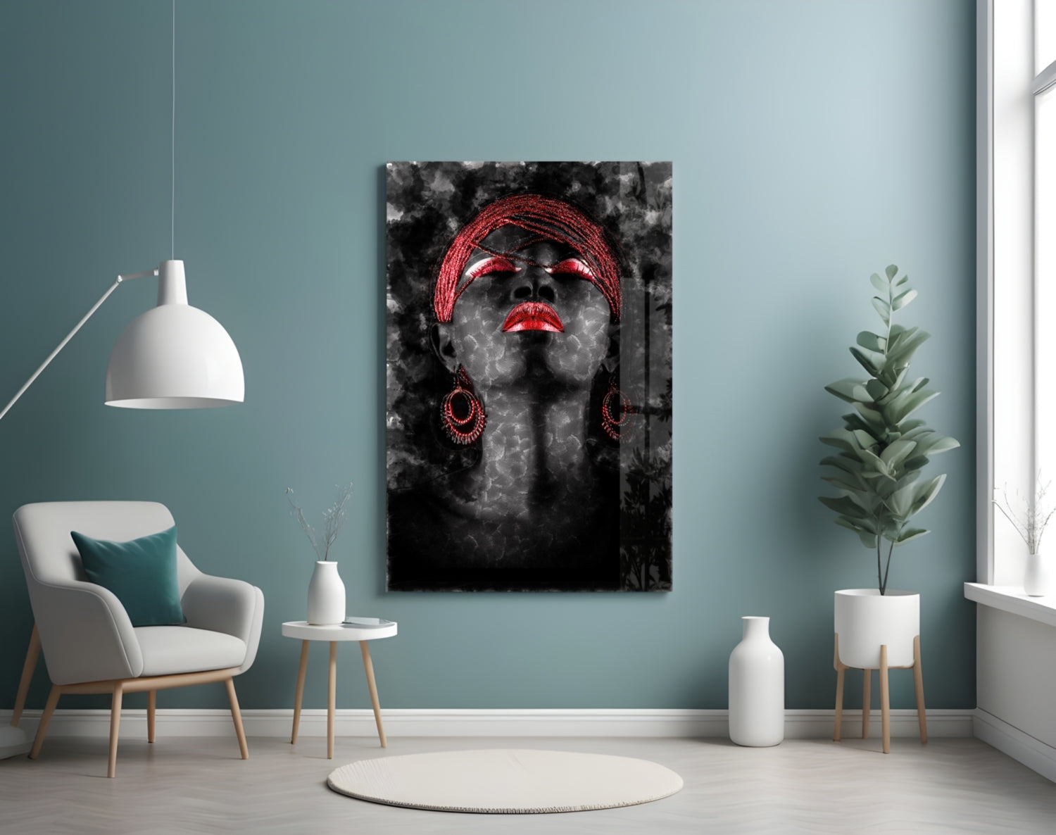 Red Lips Woman Dark Smoke Portrait Glass Wall Art