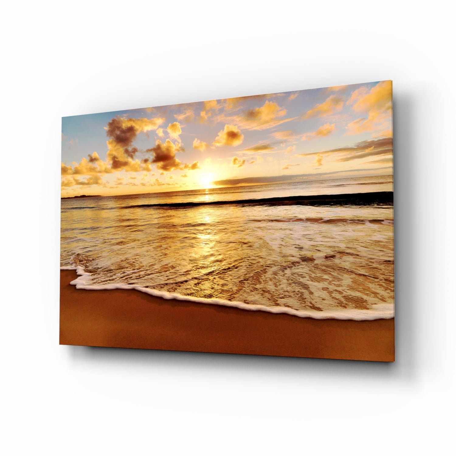 Golden Foam Beach Sunset Glass Wall Art
