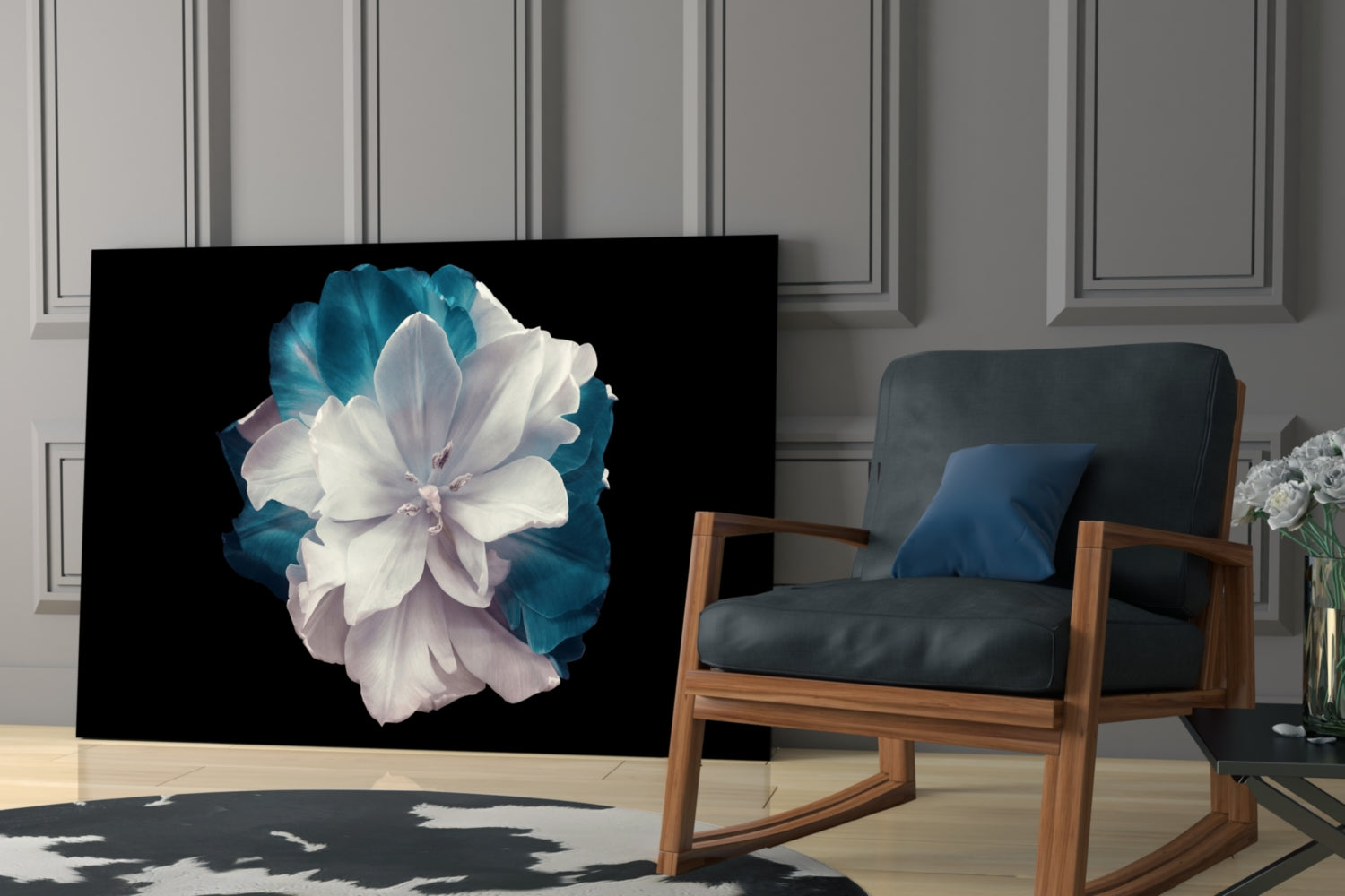 White and Teal Layered Blossom Glass Wall Art