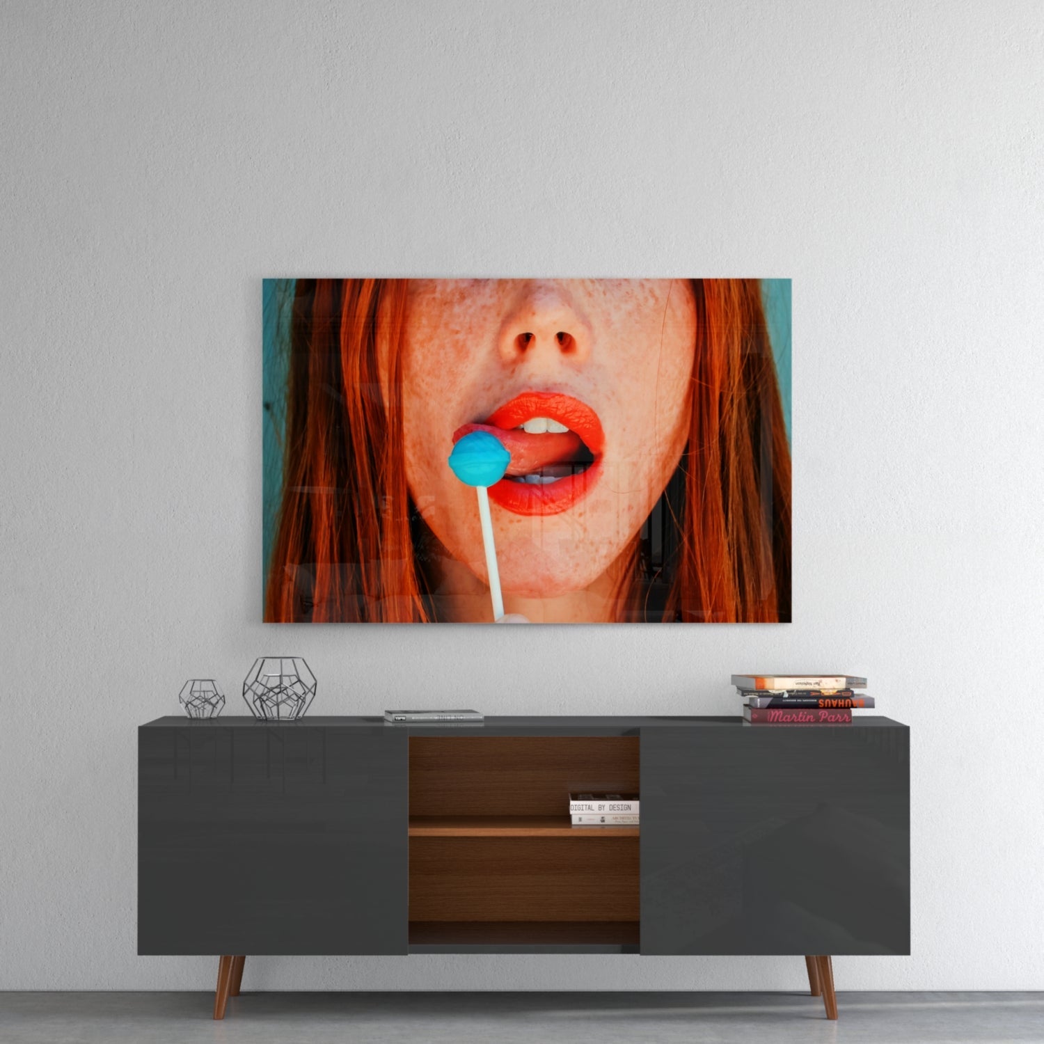 Coral Lips Blue Lollipop Redhead Glass Wall Art
