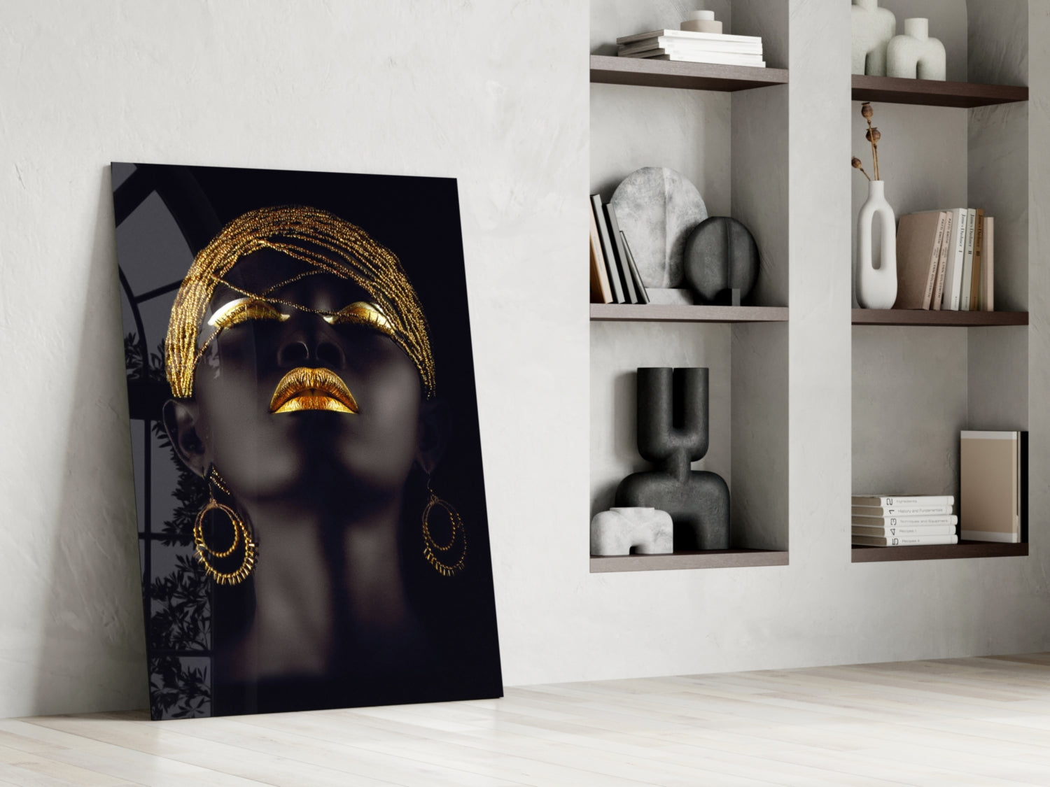 Gold Beaded Headdress Woman Glass Wall Art