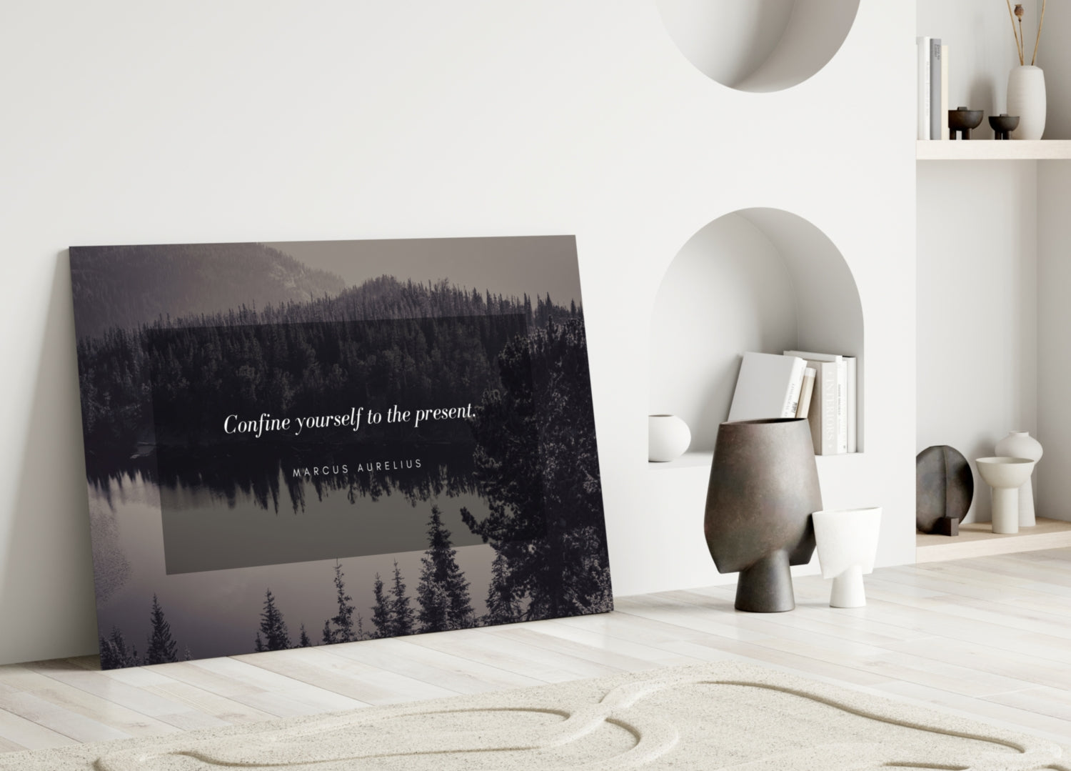 Confine Yourself Quote Misty Forest Lake Glass Wall Art
