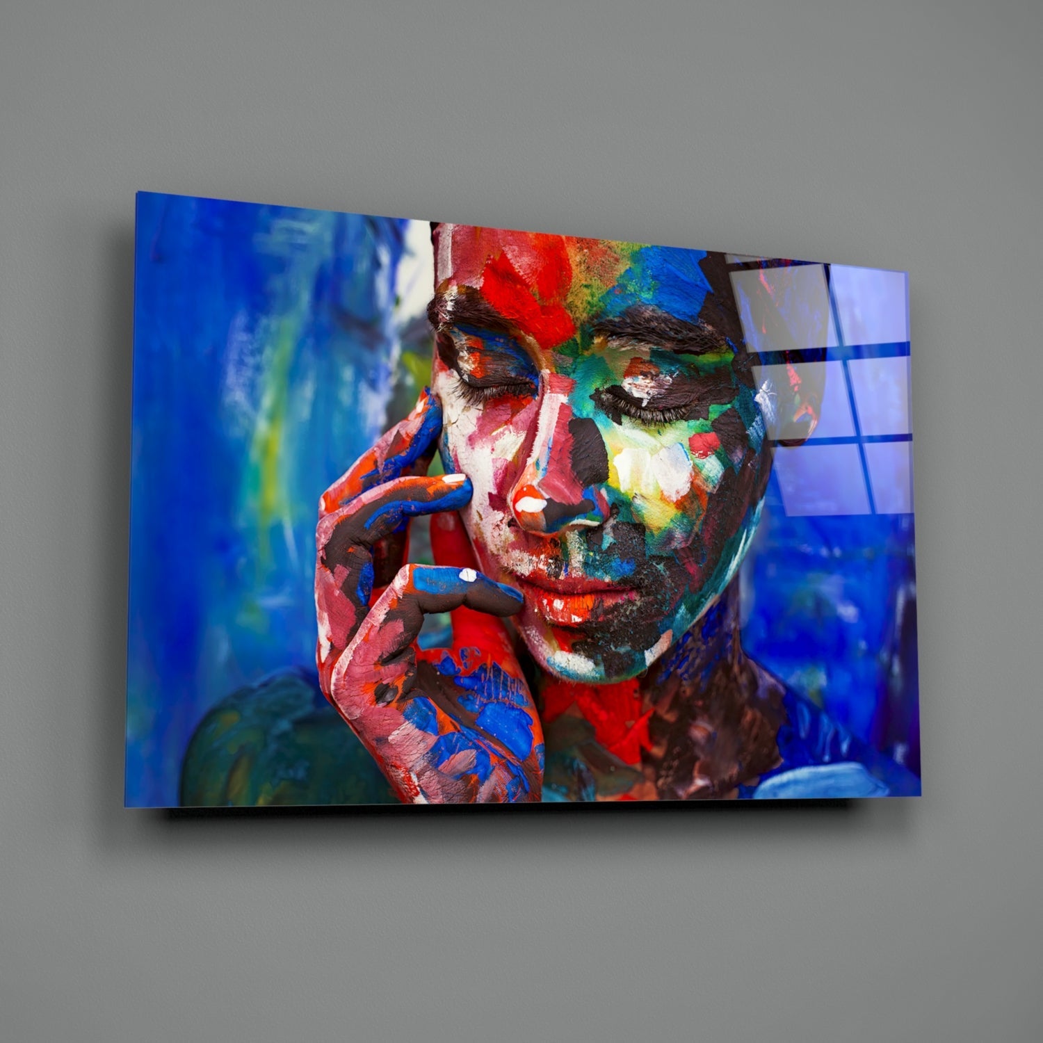 Rainbow Paint Woman Face Glass Wall Art