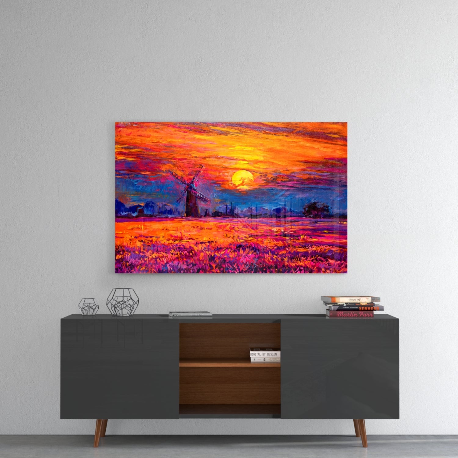 Windmill Purple Field Sunset Glass Wall Art