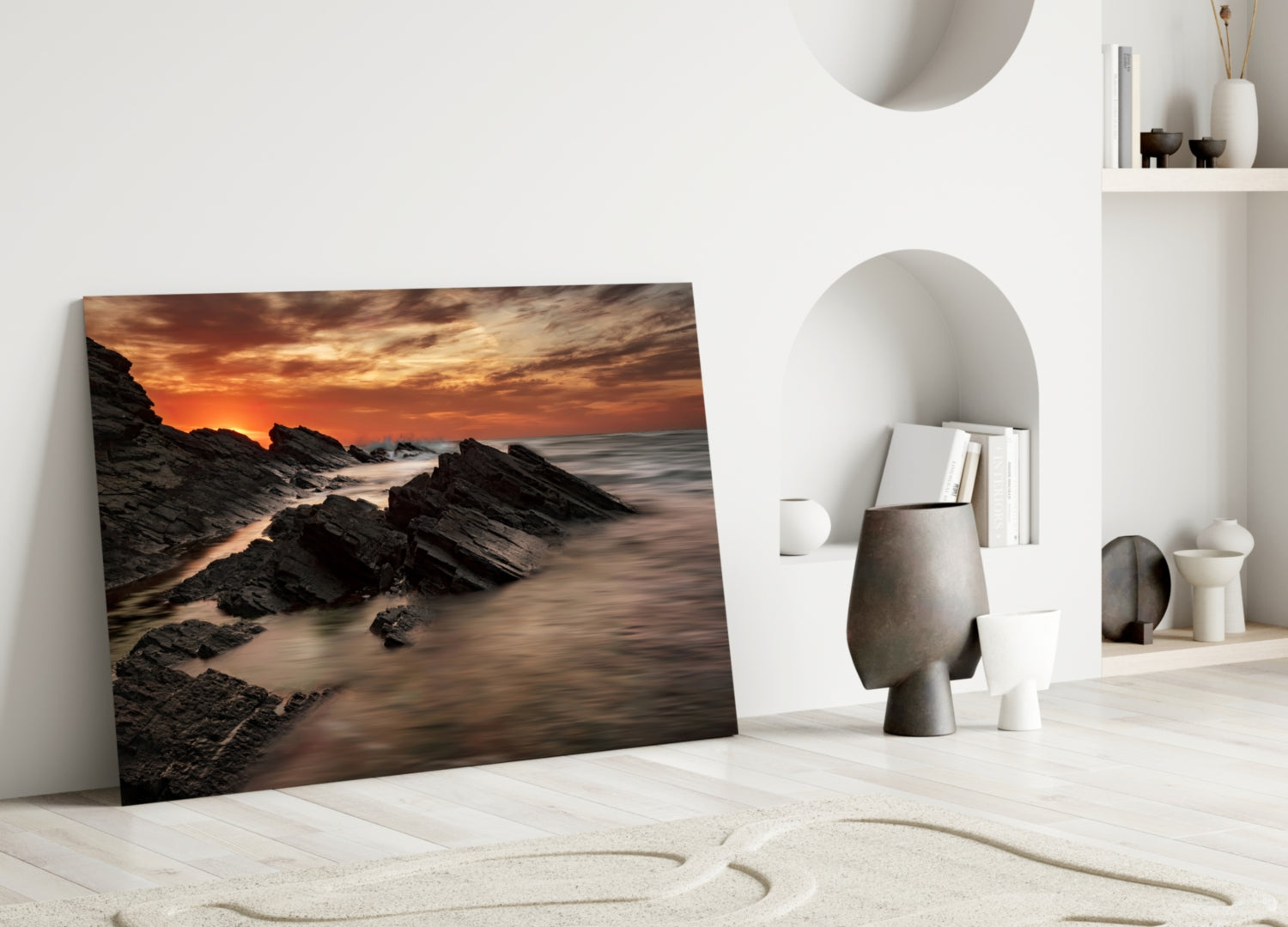 Fiery Sunset Rocky Coast Waves Glass Wall Art