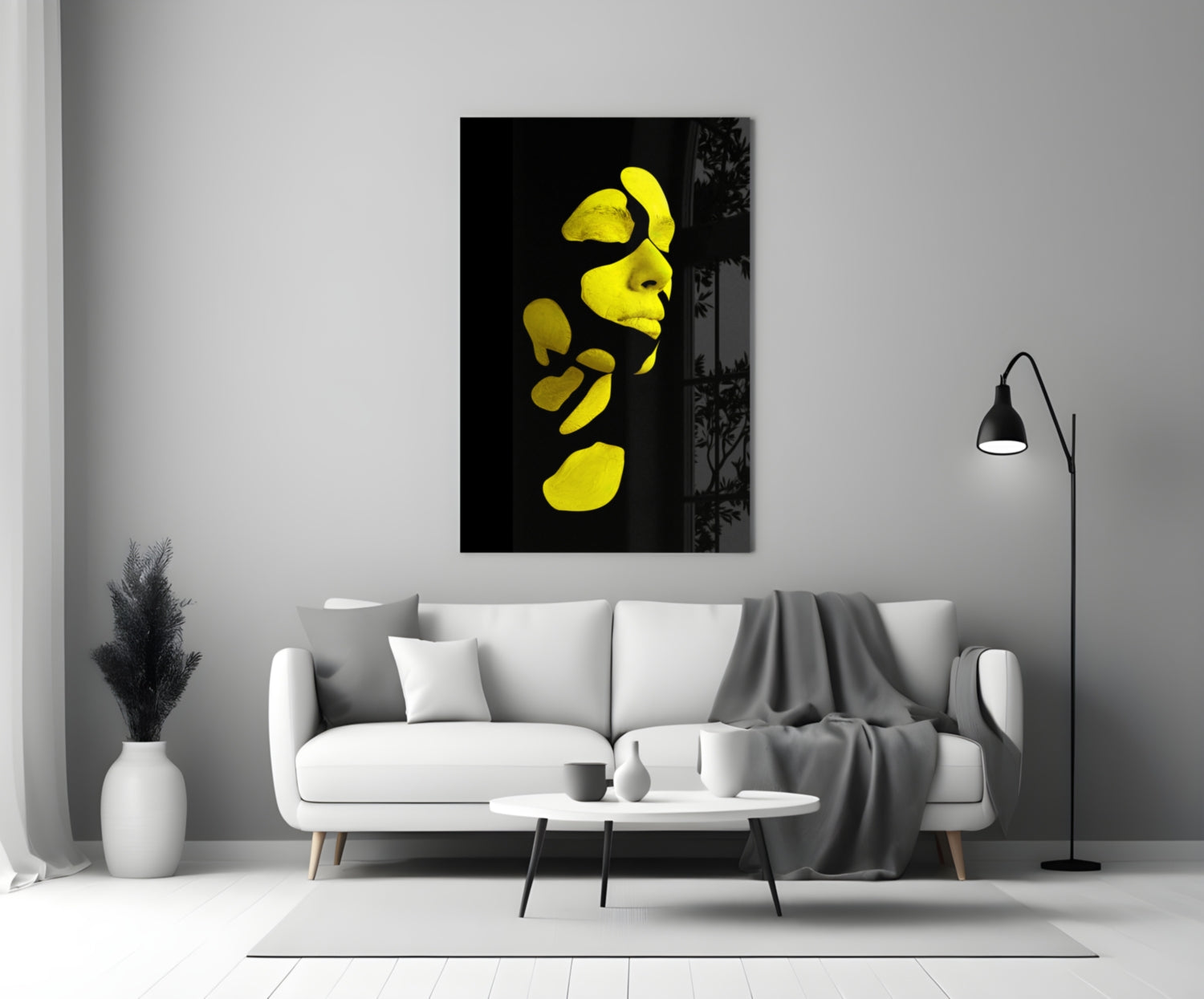 Yellow Fragmented Face on Black Glass Wall Art