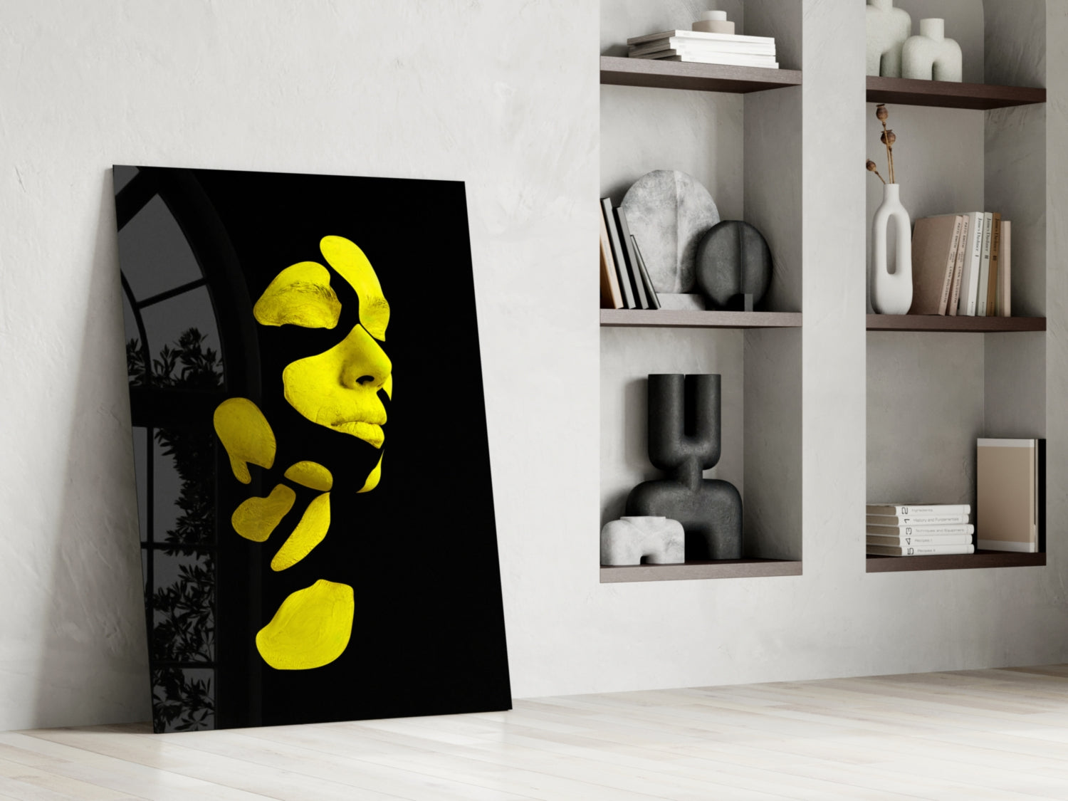Yellow Fragmented Face on Black Glass Wall Art