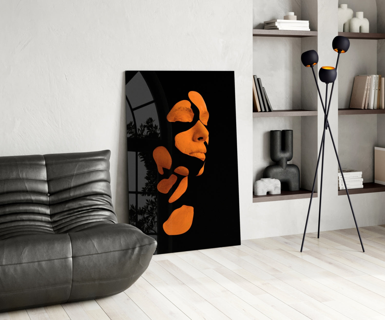 Orange Fragmented Face on Black Glass Wall Art