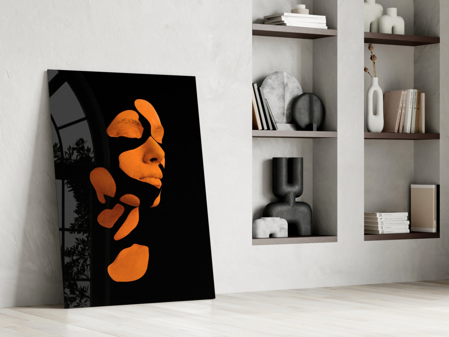 Orange Fragmented Face on Black Glass Wall Art