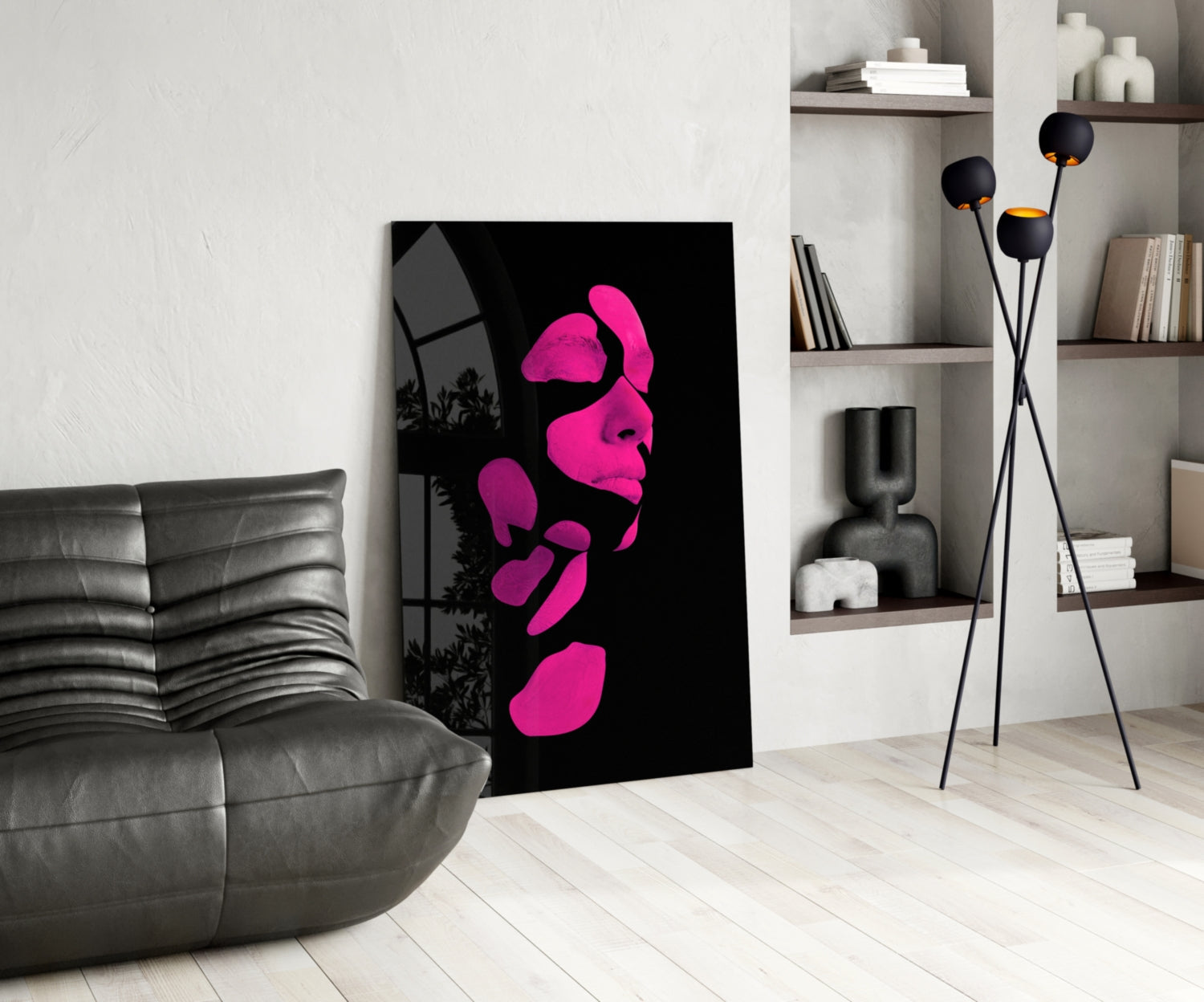 Hot Pink Fragmented Face on Black Glass Wall Art