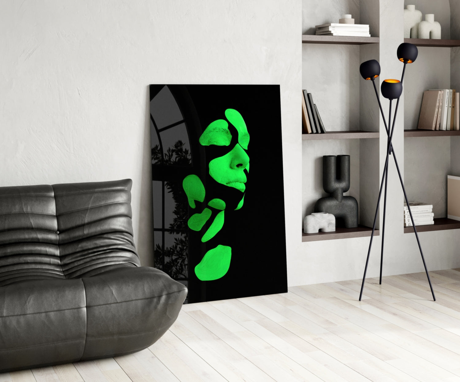 Neon Green Fragmented Face on Black Glass Wall Art