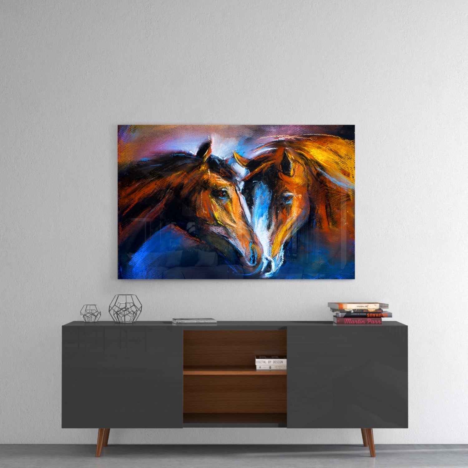 Two Nuzzling Horses on Blue Glass Wall Art