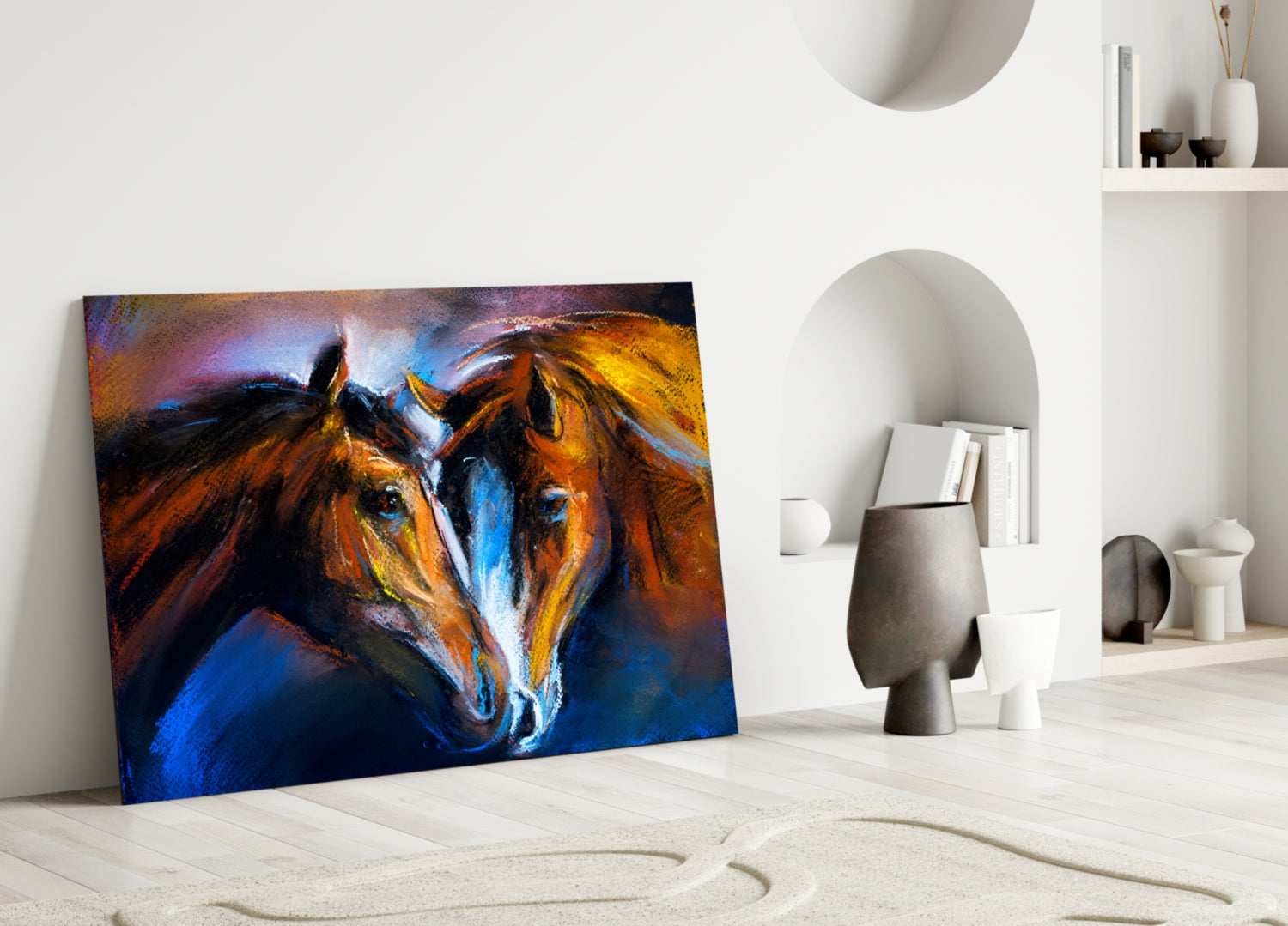 Two Nuzzling Horses on Blue Glass Wall Art