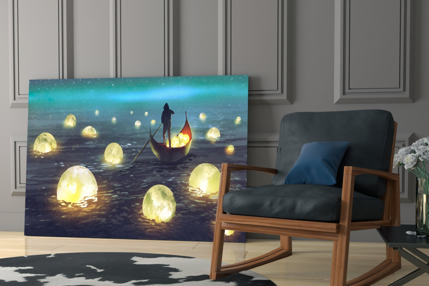Aurora Night Moon Harvest Rowboat Glass Wall Art