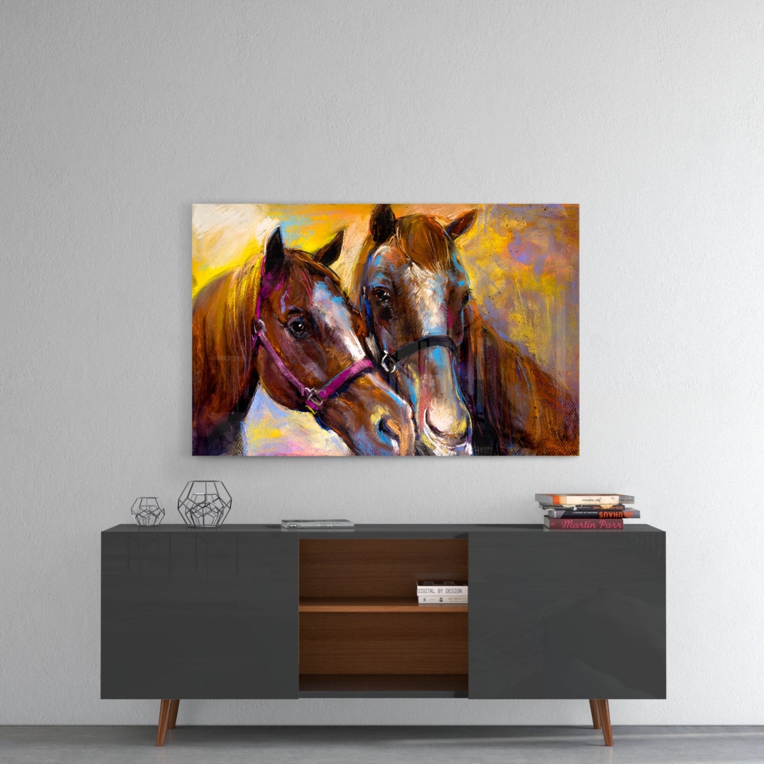 Bridled Horse Pair Golden Paint Glass Wall Art