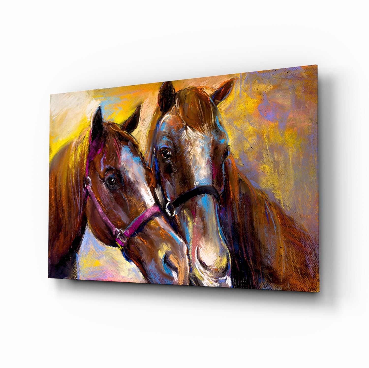 Bridled Horse Pair Golden Paint Glass Wall Art