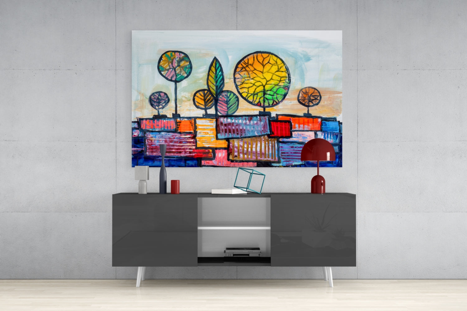 Naive Painted Trees Over Colorful Rooftops Glass Wall Art