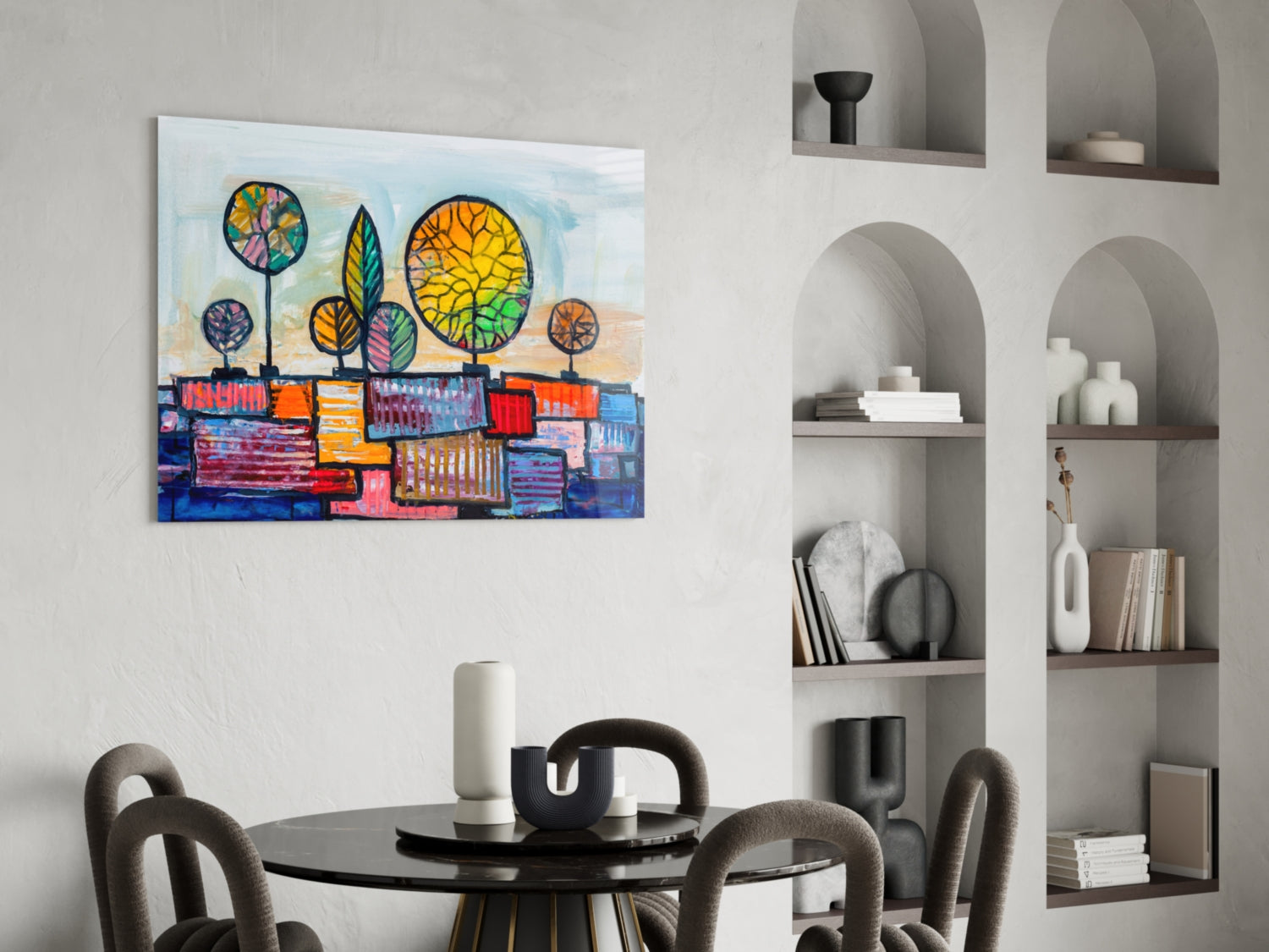 Naive Painted Trees Over Colorful Rooftops Glass Wall Art